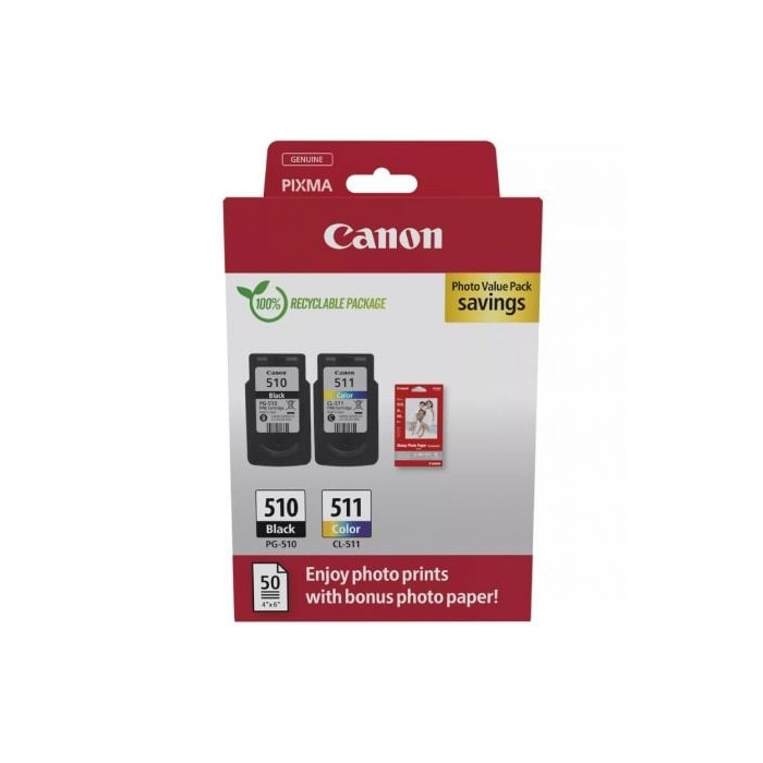 Cartucho de Tinta Original Canon PG-510 + CL-511 Multipack/ Negro/ Tricolor + Papel Fotográfico | Canon