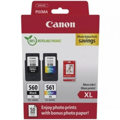 Cartucho de Tinta Original Canon PG-560XL + CL-561XL Multipack Alta Capacidad/ Negro/ Tricolor + Papel Fotográfico | Canon