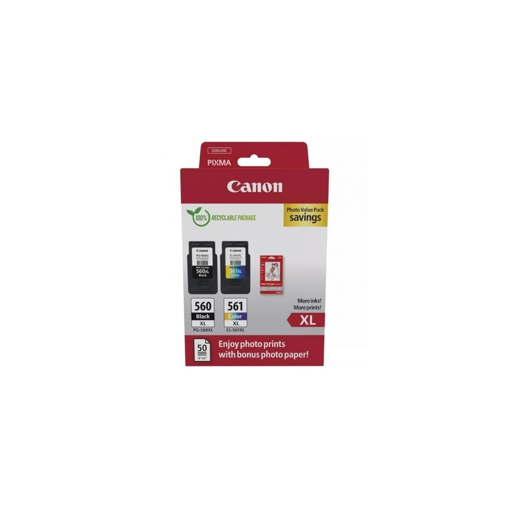 Cartucho de Tinta Original Canon PG-560XL + CL-561XL Multipack Alta Capacidad/ Negro/ Tricolor + Papel Fotográfico | Canon