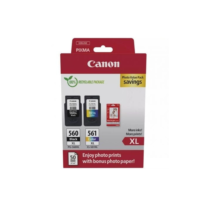 Cartucho de Tinta Original Canon PG-560XL + CL-561XL Multipack Alta Capacidad/ Negro/ Tricolor + Papel Fotográfico | Canon