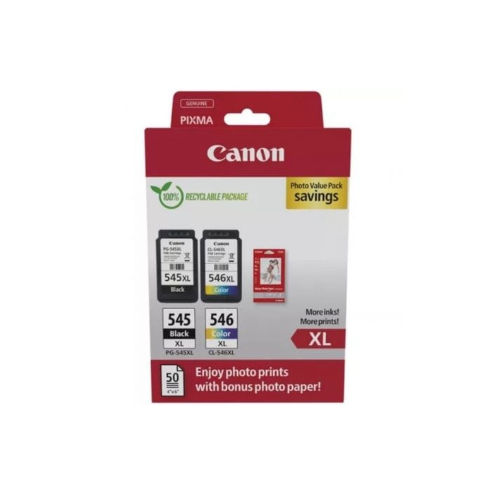 Cartucho de Tinta Original Canon PG-545XL + CL546XL Multipack Alta Capacidad/ Negro/ Tricolor + Papel Fotográfico | Canon