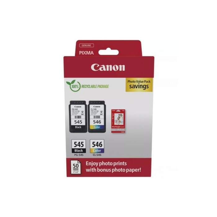 Cartucho de Tinta Original Canon PG-545 + CL-546 Multipack/ Negro/ Tricolor + Papel Fotográfico | Canon