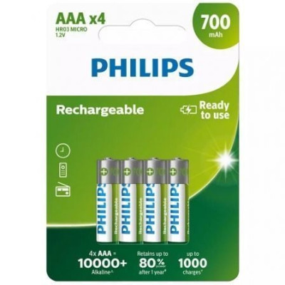 Pack de 4 Pilas AAA Philips R03B4A70/10/ 1.2V/ Recargables | Pilas