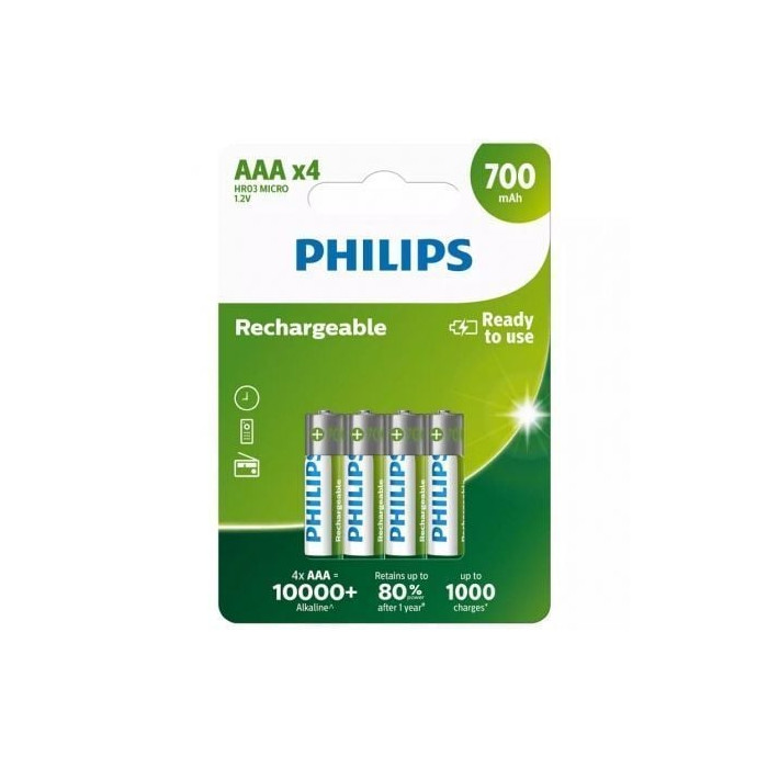Pack de 4 Pilas AAA Philips R03B4A70/10/ 1.2V/ Recargables | Pilas