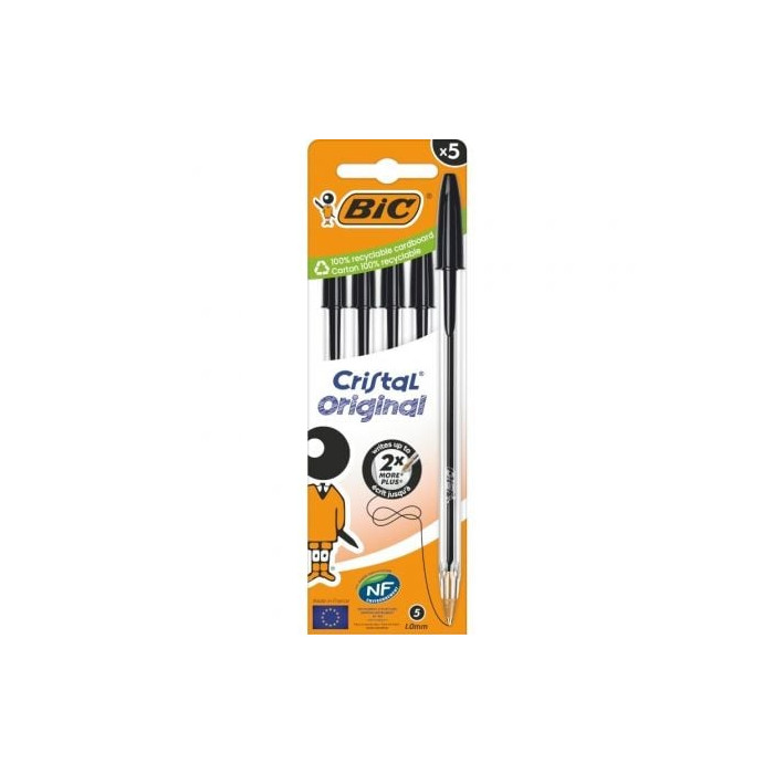 Caja de Bolígrafos de Tinta de Aceite Bic Cristal Original 516345/ 5 unidades/ Negros | Bolígrafos