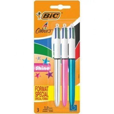 Bolígrafos de Tinta de Aceite Retráctil Bic 4 Colors Shine 9122751/ 3 unidades/ 4 Colores de Tinta/ Cuerpo Color Brillante | Bol