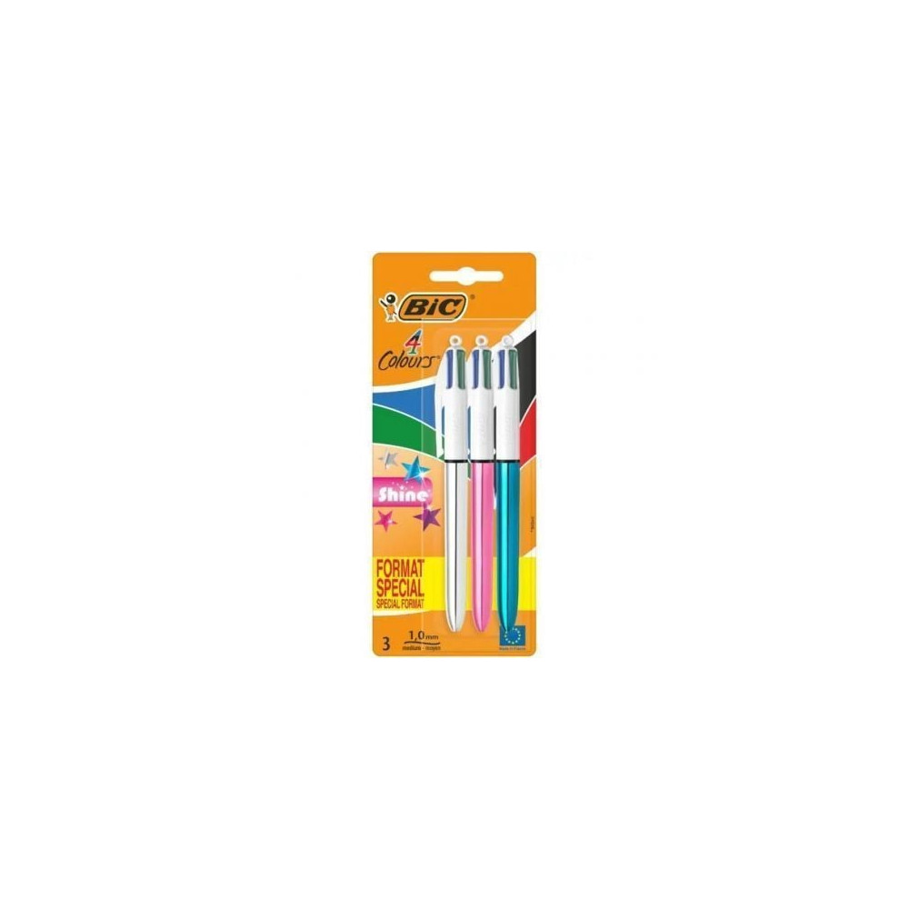 Bolígrafos de Tinta de Aceite Retráctil Bic 4 Colors Shine 9122751/ 3 unidades/ 4 Colores de Tinta/ Cuerpo Color Brillante | Bol