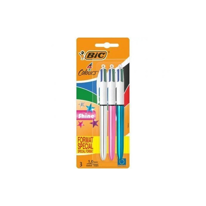 Bolígrafos de Tinta de Aceite Retráctil Bic 4 Colors Shine 9122751/ 3 unidades/ 4 Colores de Tinta/ Cuerpo Color Brillante | Bol