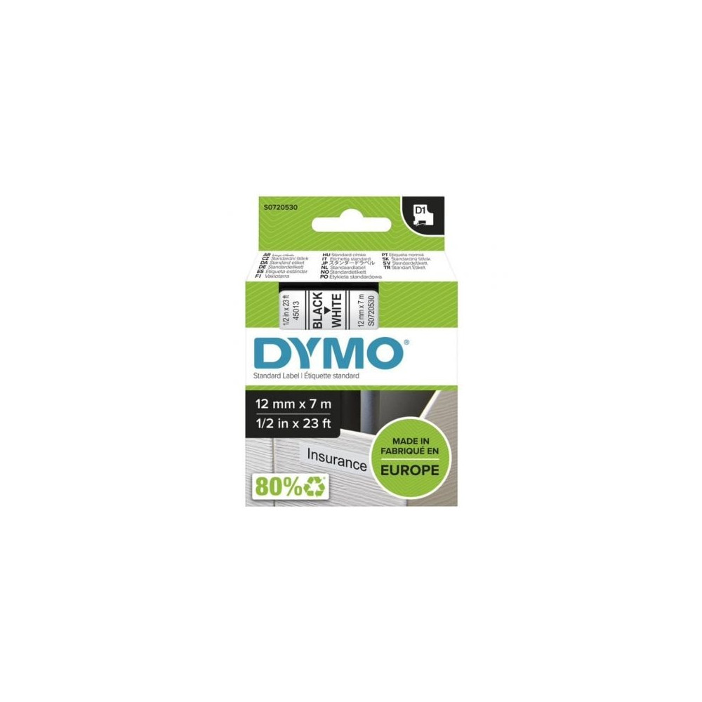 Cinta Rotuladora Adhesiva de Plástico Dymo D1 45013/ para Label Manager/ 12mm x 7m/ Negra-Blanca | Etiquetar