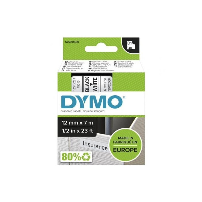 Cinta Rotuladora Adhesiva de Plástico Dymo D1 45013/ para Label Manager/ 12mm x 7m/ Negra-Blanca | Etiquetar