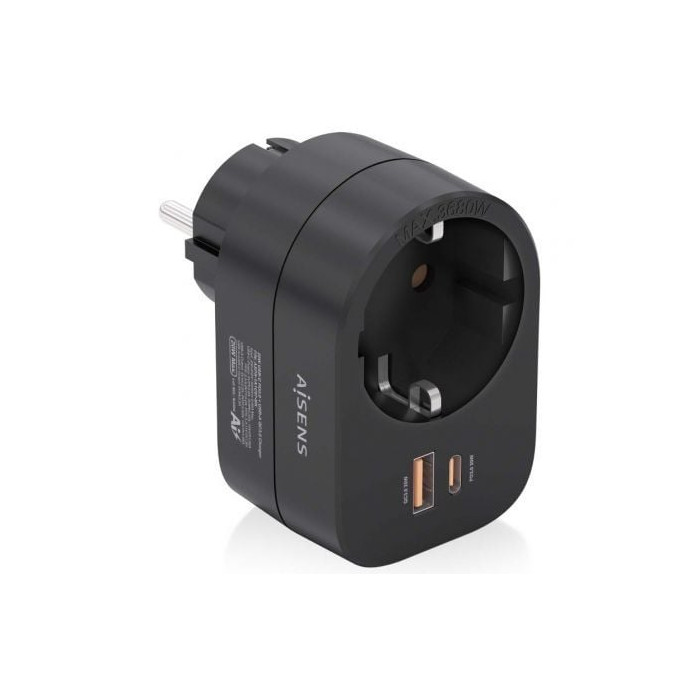 Enchufe Aisens ASPS-1A1C07-BK/ 1 Toma de Corriente/ 1 USB Tipo-C PD/ 1 USB/ Negro | Enchufes