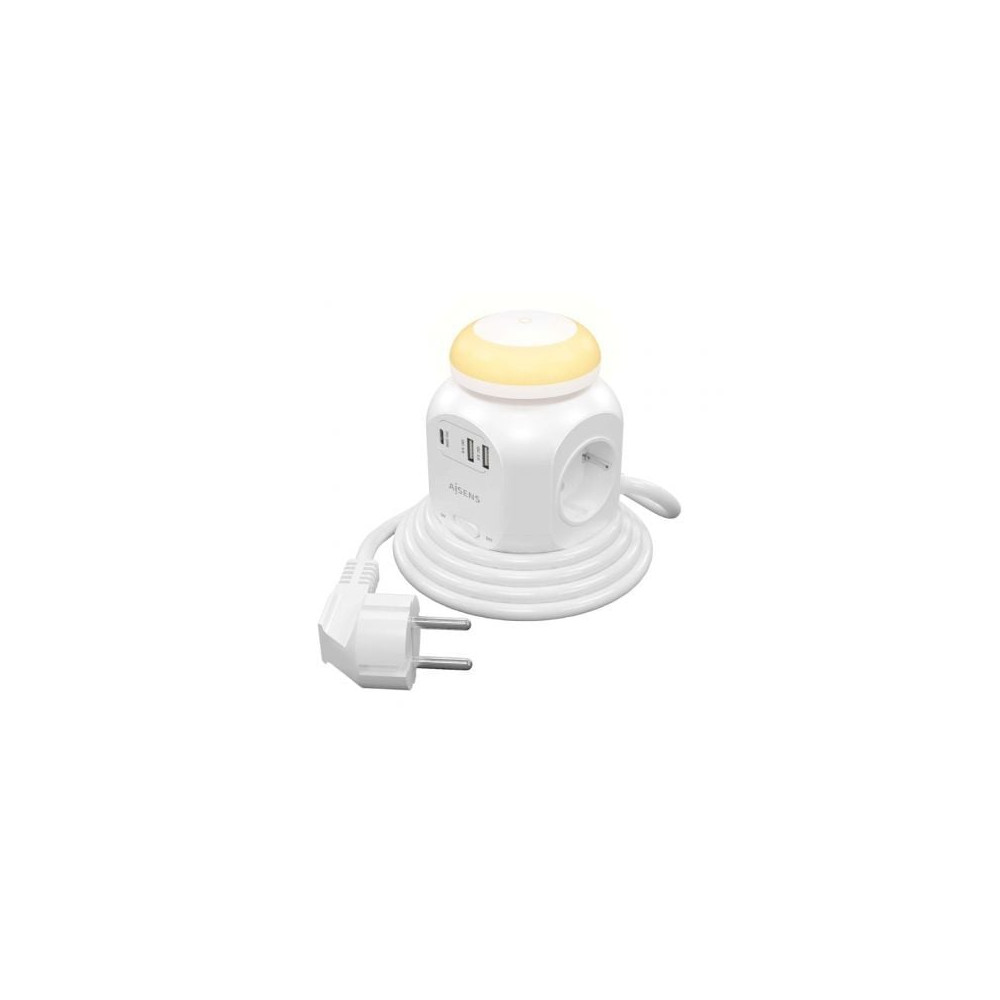 Regleta con Interruptor y Luz Nocturna Aisens ASPS-2A1CLPQ02-W/ 4 Tomas de Corriente/ 1 USB Tipo-C PD/ 2 USB/ Cable 1.8m/ Blanco