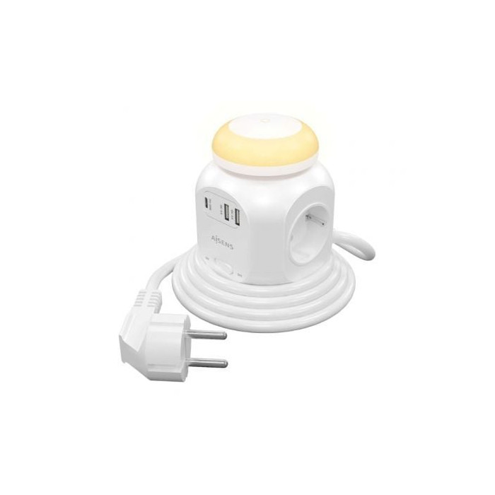 Regleta con Interruptor y Luz Nocturna Aisens ASPS-2A1CLPQ02-W/ 4 Tomas de Corriente/ 1 USB Tipo-C PD/ 2 USB/ Cable 1.8m/ Blanco