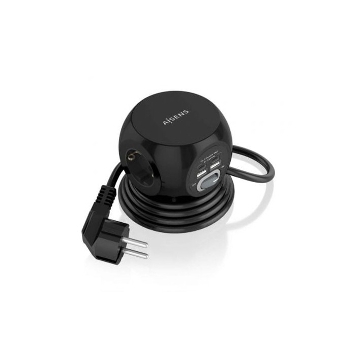 Regleta con Interruptor Aisens ASPS-2A2C05-BK/ 3 Tomas de Corriente/ 2 USB Tipo-C/ 2 USB/ Cable 1.4m/ Negro | Regletas