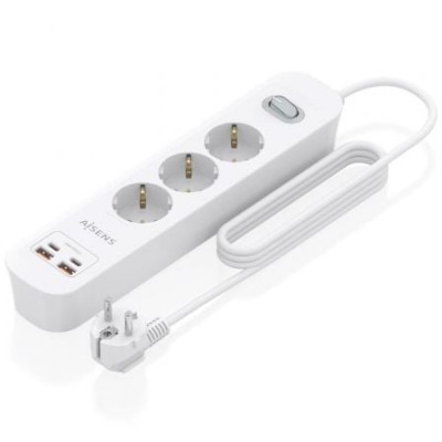 Regleta con Interruptor Aisens ASPS-2A2C10-W/ 3 Tomas de Corriente/ 2 USB - 2 USB Tipo-C/ Cable 1.4m/ Blanco | Regletas
