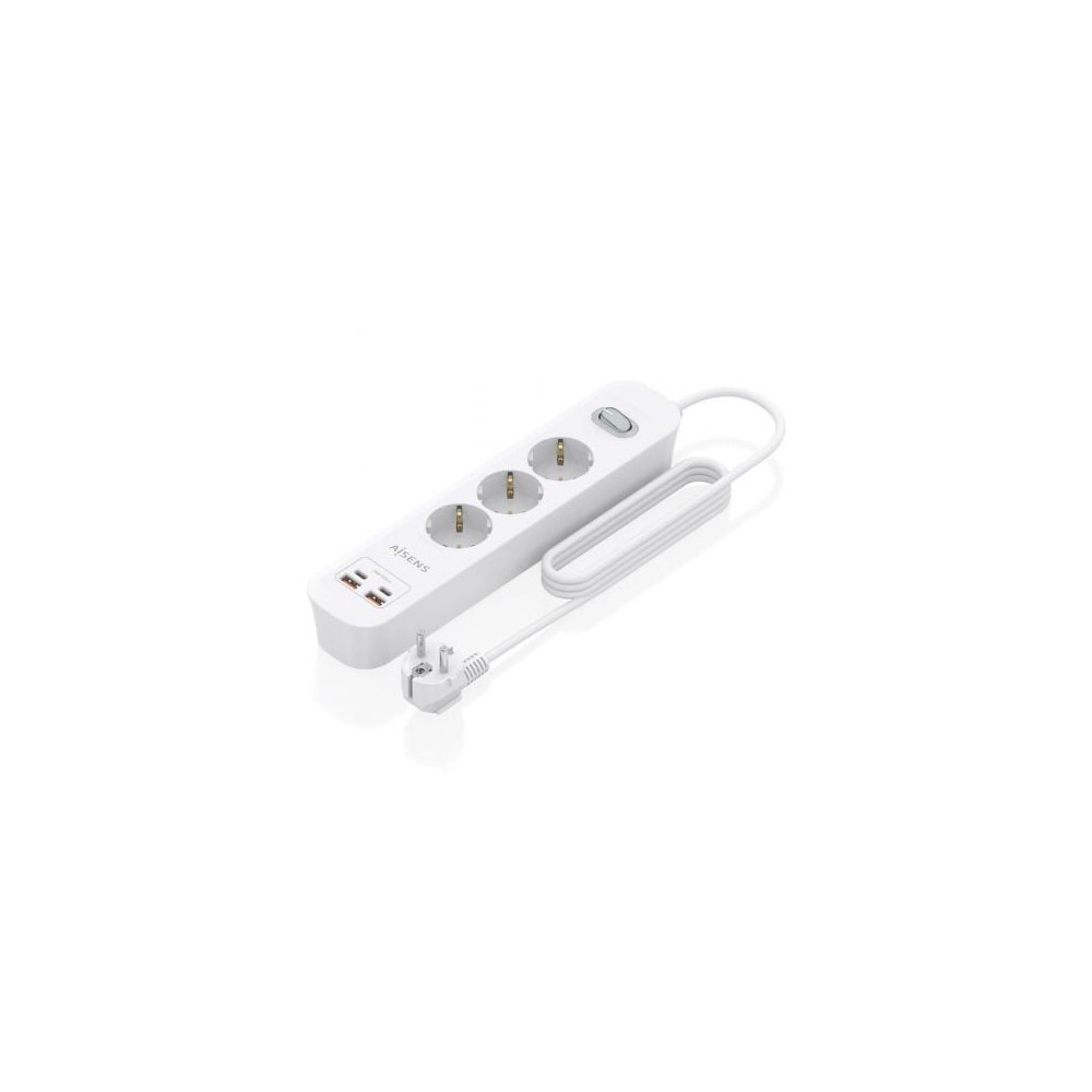 Regleta con Interruptor Aisens ASPS-2A2C10-W/ 3 Tomas de Corriente/ 2 USB - 2 USB Tipo-C/ Cable 1.4m/ Blanco | Regletas