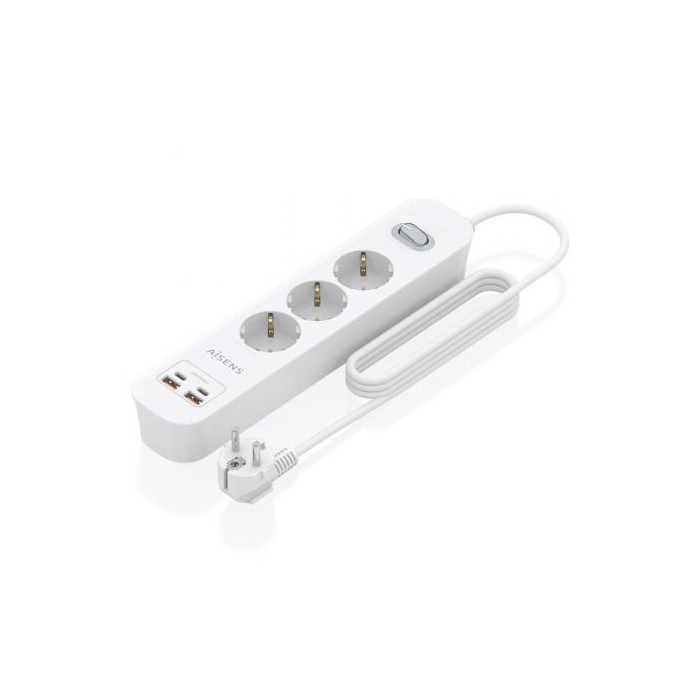 Regleta con Interruptor Aisens ASPS-2A2C10-W/ 3 Tomas de Corriente/ 2 USB - 2 USB Tipo-C/ Cable 1.4m/ Blanco | Regletas