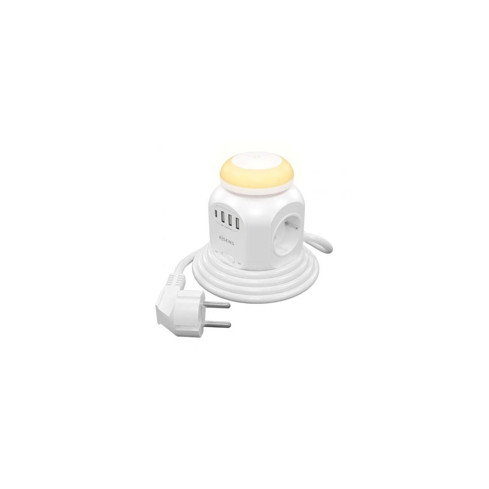 Regleta con Interruptor y Luz Nocturna Aisens ASPS-3A1CL01-W/ 4 Tomas de Corriente/ 1 USB Tipo-C/ 3 USB/ Cable 1.8m/ Blanco | Re