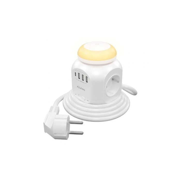 Regleta con Interruptor y Luz Nocturna Aisens ASPS-3A1CL01-W/ 4 Tomas de Corriente/ 1 USB Tipo-C/ 3 USB/ Cable 1.8m/ Blanco | Re