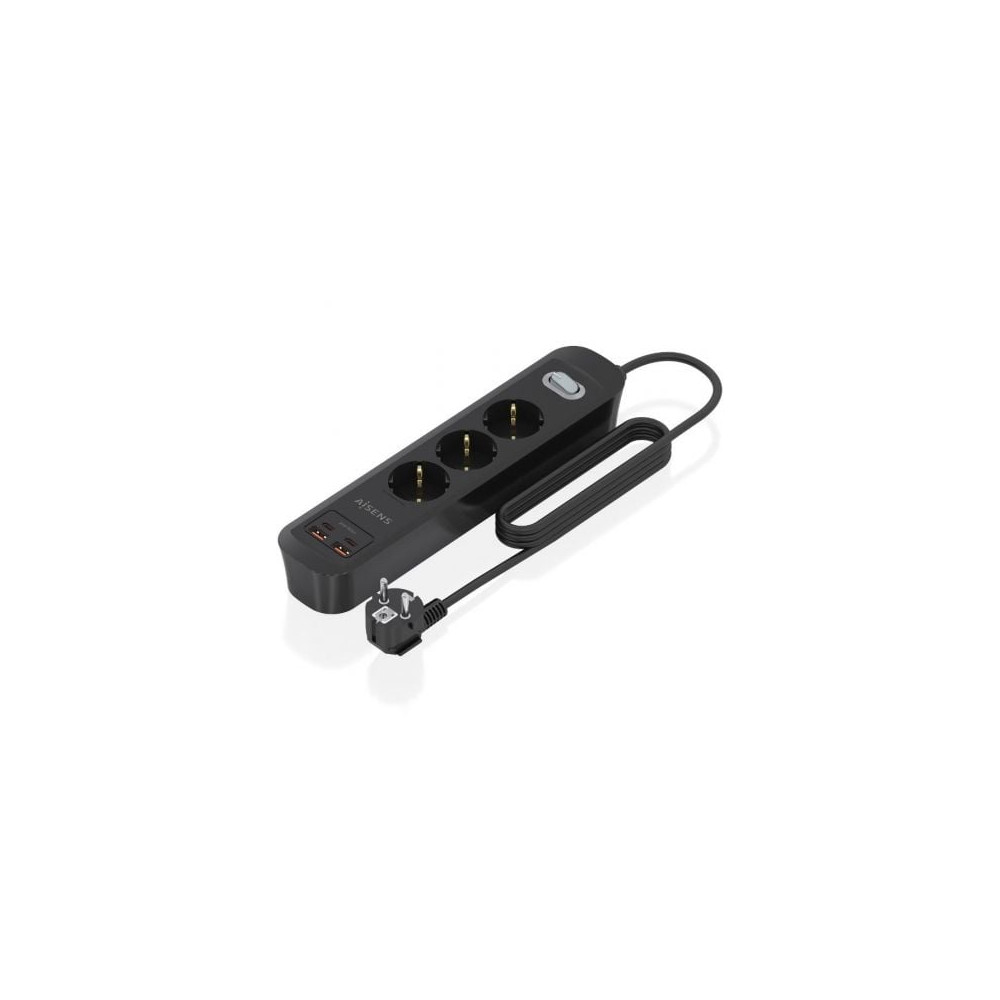 Regleta con Interruptor Aisens ASPS-2A2C11-BK/ 3 Tomas de Corriente/ 2 USB - 2 USB Tipo-C/ Cable 1.4m/ Negro | Regletas