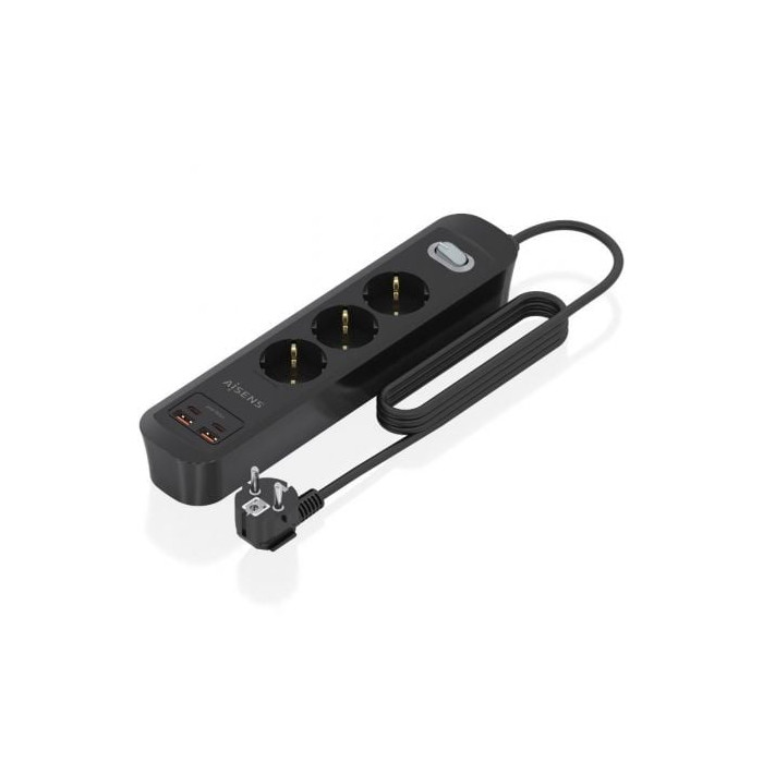 Regleta con Interruptor Aisens ASPS-2A2C11-BK/ 3 Tomas de Corriente/ 2 USB - 2 USB Tipo-C/ Cable 1.4m/ Negro | Regletas