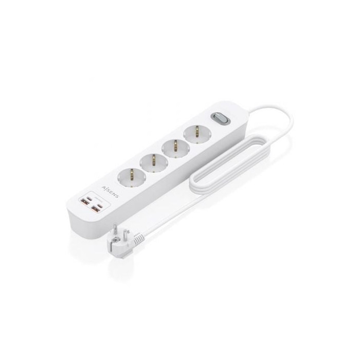 Regleta con Interruptor Aisens ASPS-2A2C12-W/ 4 Tomas de Corriente/ 2 USB - 2 USB Tipo-C/ Cable 1.4m/ Blanco | Regletas