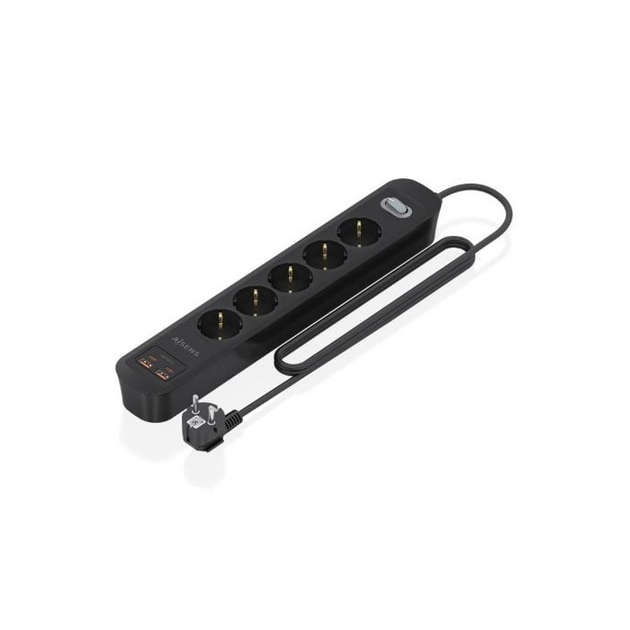 Regleta con Interruptor Aisens ASPS-2A2C15-BK/ 5 Tomas de Corriente/ 2 USB - 2 USB Tipo-C/ Cable 1.4m/ Negro | Regletas