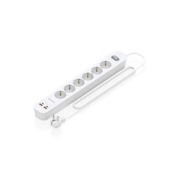 Regleta con Interruptor Aisens ASPS-2A2C16-W/ 6 Tomas de Corriente/ 2 USB - 2 USB Tipo-C/ Cable 1.4m/ Blanco | Regletas