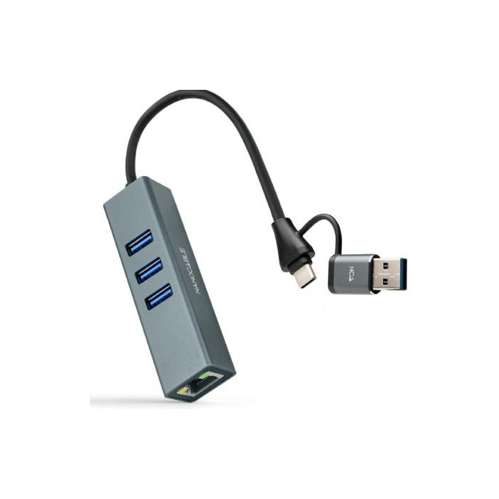 Hub USB + USB Tipo-C 3.0 Nanocable 10.03.0412/ 3xUSB/ 1xRJ45/ Gris | Hubs USB