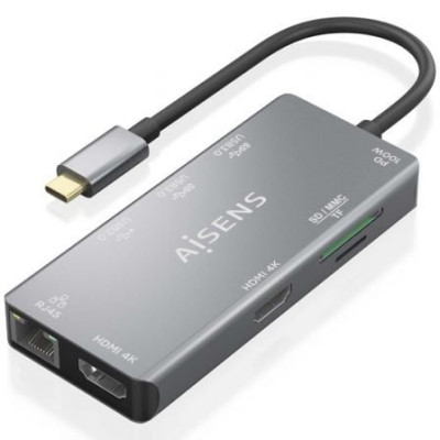 Docking USB Tipo-C Aisens ASUC-9P018-GR/ 2xHDMI 4K/ 3xUSB/ 1xRJ45/ 1xLector Tarjetas/ 1xUSB Tipo-C PD/ Gris | Docks
