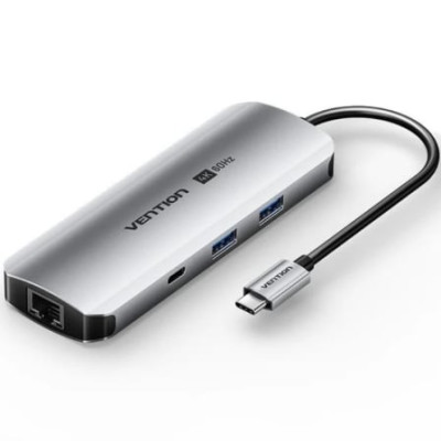 Docking USB Tipo-C Vention TQMHB/ 1xHDMI 4K/ 2xUSB/ 1xUSB Tipo-C/ 1xJack 3.5mm / 1xRJ45/ 1xUSB Tipo-C PD/ 1xLector Tarjetas/ Gri