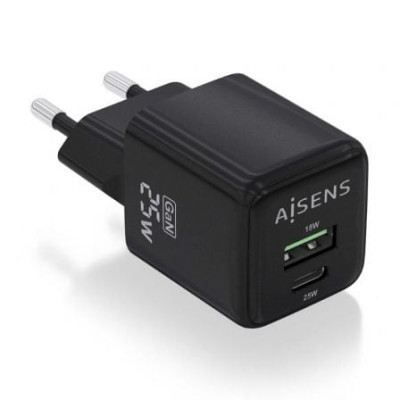 Cargador de Pared GaN Aisens ASCH-25W2P015-BK/ 1xUSB Tipo-C/ 1xUSB/ 25W | Cargadores hasta 45W