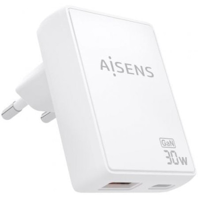 Cargador de Pared GaN Aisens ASCH-30W2P074-W/ 1xUSB Tipo-C/ 1xUSB/ 30W/ Blanco | Cargadores hasta 45W