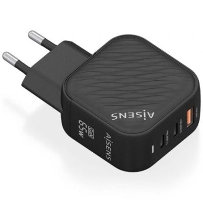 Cargador de Pared GaN Aisens ASCH-65W3P027-BK/ 2xUSB Tipo-C/ 1xUSB/ 65W | Cargadores +60W