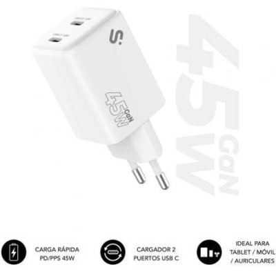 Cargador de Pared GaN Subblim 45W Charger USB C+C/ 2xUSB Tipo-C/ 45W | Cargadores 45-60W