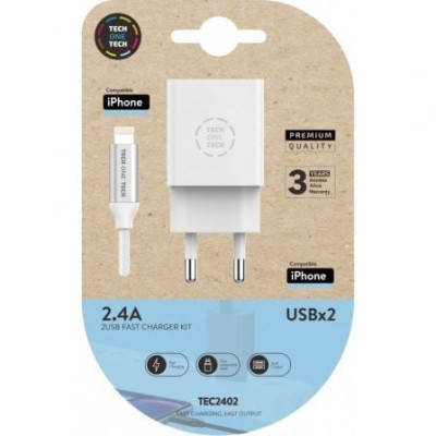 Cargador de Pared Tech One Tech TEC2402/ 2xUSB + Cable Lightning/ 12W/ Blanco | Cargadores hasta 45W