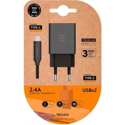 Cargador de Pared Tech One Tech TEC2423/ 2xUSB + Cable USB Tipo-C/ 12W/ Negro | Cargadores hasta 45W