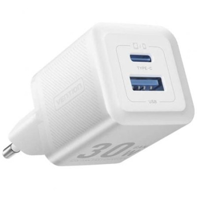 Cargador de Pared GaN Vention FEQW0-EU/ 1xUSB Tipo-C/ 1xUSB/ 30W | Cargadores hasta 45W
