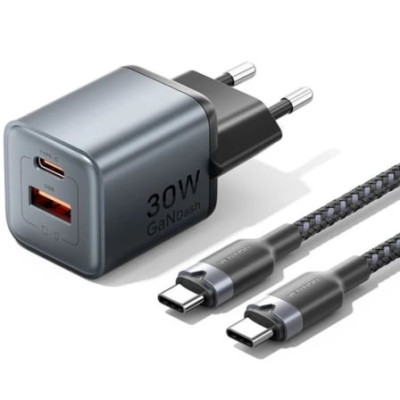 Cargador de Pared GaN Vention TZ-FEWH0-EU/ 1xUSB Tipo-C/ 1xUSB/ 30W | Cargadores hasta 45W