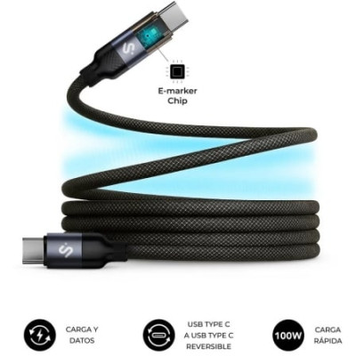 Cable USB 2.0 Tipo-C Subblim PowerMag Led/ USB Tipo-C Macho - USB Tipo-C Macho/ Hasta 100W/ 480Mbps/ 2m/ Negro | USB-C
