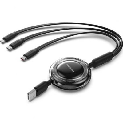 Cable USB Retráctil Vention TRJBBE/ USB Macho - Lightning/ 2xUSB Tipo-C/ Hasta 17.5W/ 10Gbps/ 1.1m/ Negro | USB