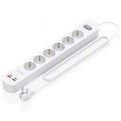 Regleta con Interruptor Aisens ASPS-2A2C16-W/ 6 Tomas de Corriente/ 2 USB - 2 USB Tipo-C/ Cable 1.4m/ Blanco | Regletas