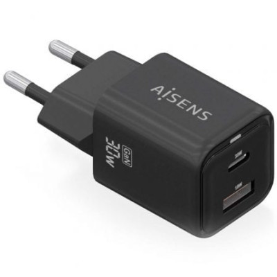 Cargador de Pared GaN Aisens ASCH-30W2P021-BK/ 1xUSB Tipo-C/ 1xUSB/ 30W | Cargadores hasta 45W