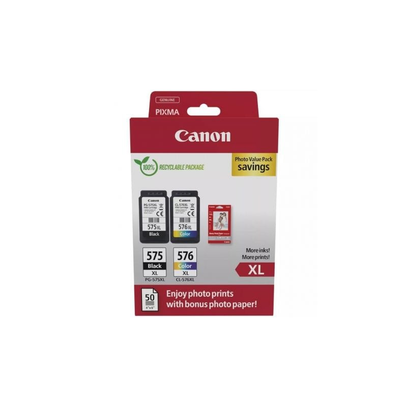 Cartucho de Tinta Original Canon PG-575XL + CL576XL Multipack Alta Capacidad/ Negro/ Tricolor + Papel Fotográfico