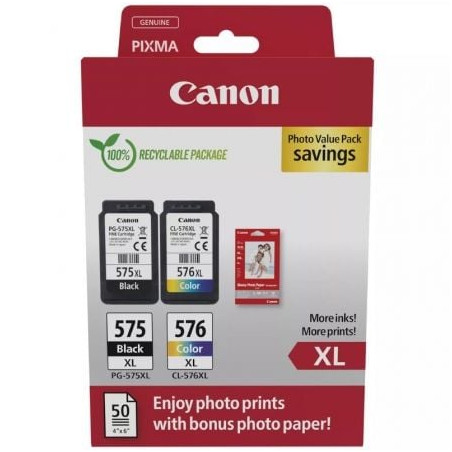Cartucho de Tinta Original Canon PG-575XL + CL576XL Multipack Alta Capacidad/ Negro/ Tricolor + Papel Fotográfico