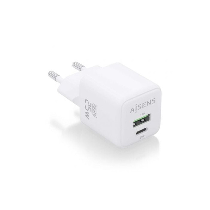 Cargador de Pared GaN Aisens ASCH-25W2P014-W/ 1xUSB Tipo-C/ 1xUSB/ 25W