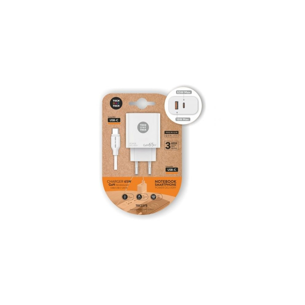 Cargador de Pared GaN Tech One Tech PD TEC2273 / 1xUSB Tipo-C/ 1xUSB/ 65W