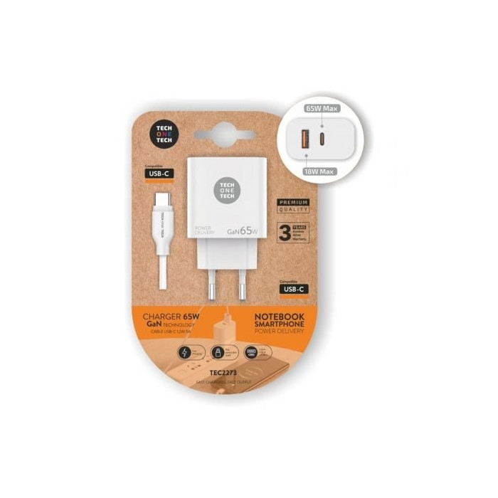 Cargador de Pared GaN Tech One Tech PD TEC2273 / 1xUSB Tipo-C/ 1xUSB/ 65W