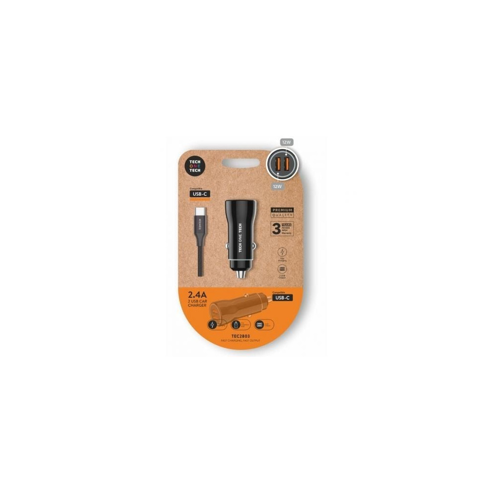 Cargador de Coche Tech One Tech TEC2803/ 2xUSB + Cable USB Tipo-C/ 12W