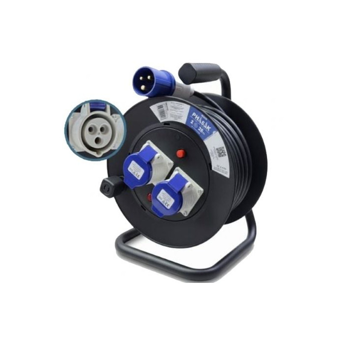 Regleta enrollable Phasak BN 3475/ 2 Enchufe industrial 2P+TT/ Cable 25m/ Negro y Azul